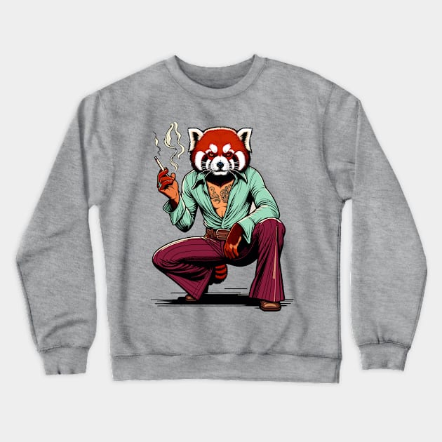 Retro Rebel: 70s Fashion smoking red panda in Shades Crewneck Sweatshirt by TimeWarpWildlife